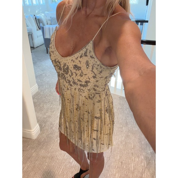 Haute Hippie Dresses & Skirts - Haute Hippie Beaded Fringe Mini Dress Cream Silver Gold Flapper Style Size 0